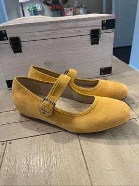 Mustard Yellow Suede Mary Jane Flats with Buckle Strap